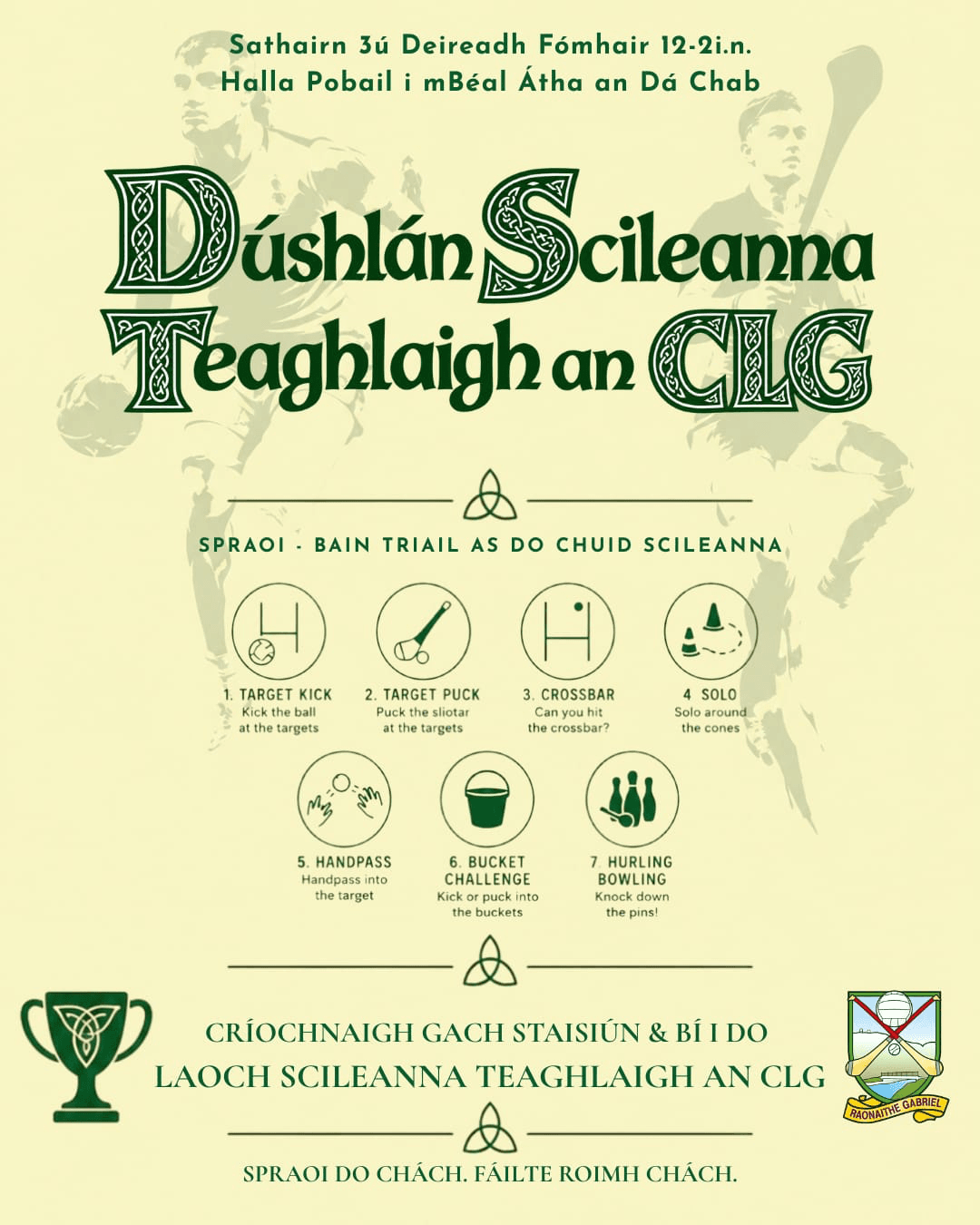 Poster for the family GAA skills challenge hosted by Raonaithe Gabriel, Saturday 3 October, 12–2pm.