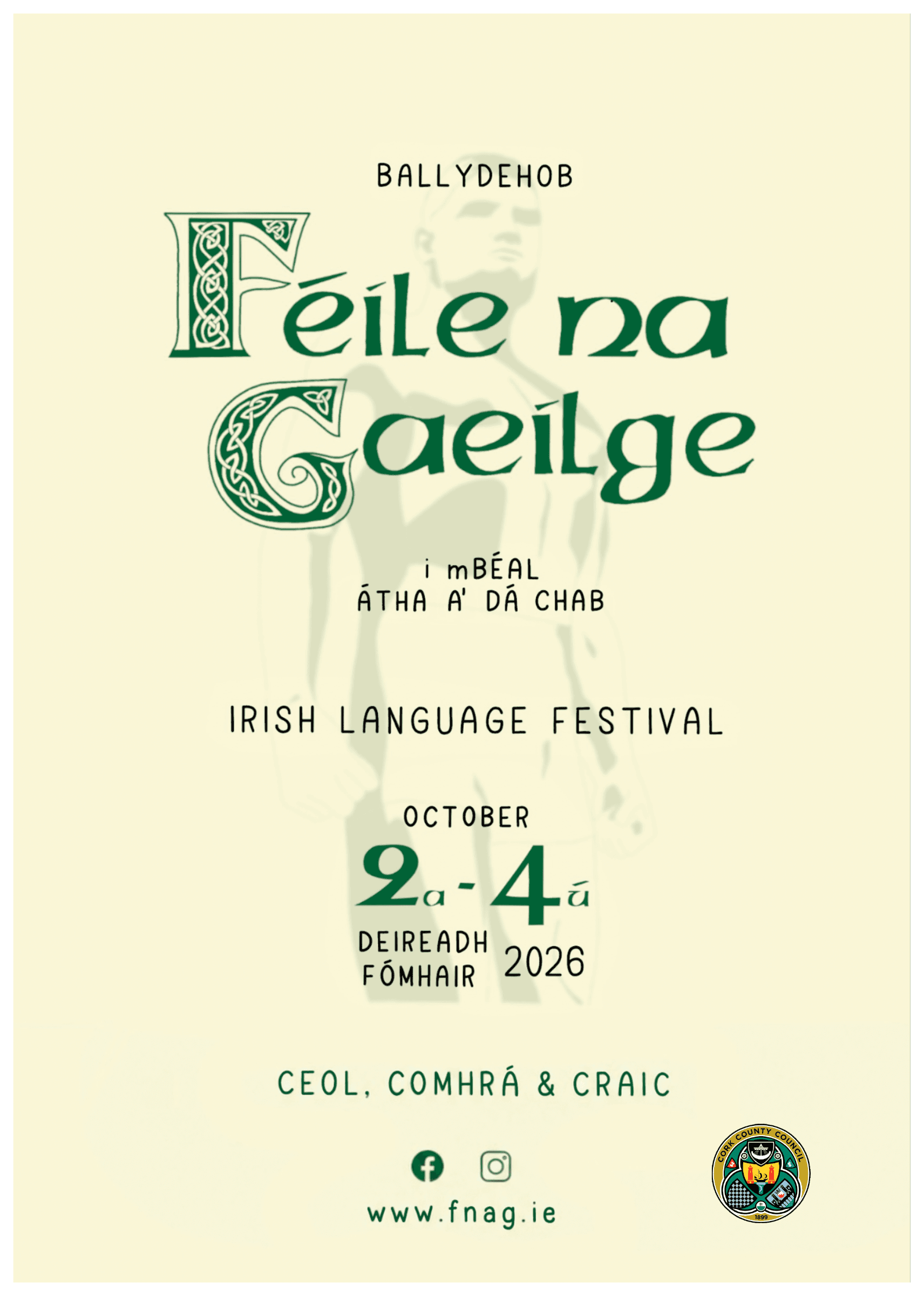 Féile na Gaeilge: Ballydehob Irish Language Festival, 2 - 4 October 2026. Green Celtic lettering on a pale cream background.